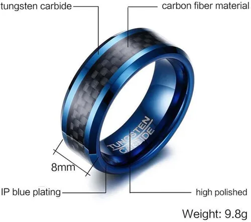 Vista 6 de Black and Blue Mens Wedding Band, Engravable Tungsten Rings for Men 8MM with Carbon Fiber Inlay