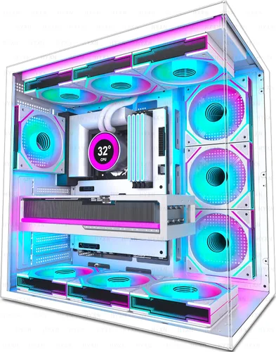 Vista 12 de H1 HYXN - Funda para PC, 7 ventiladores Infinity Mirror PWM ARGB preinstalados, carcasa de computadora ATX Mid Tower, funda de PC