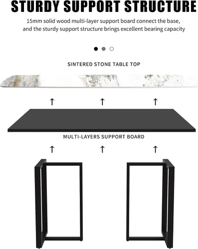 Vista 5 de Mesa de comedor moderna, mesa de comedor de piedra sinterizada blanca antigua con patas de mesa de acero al carbono negro, mesa de comedor Blanco