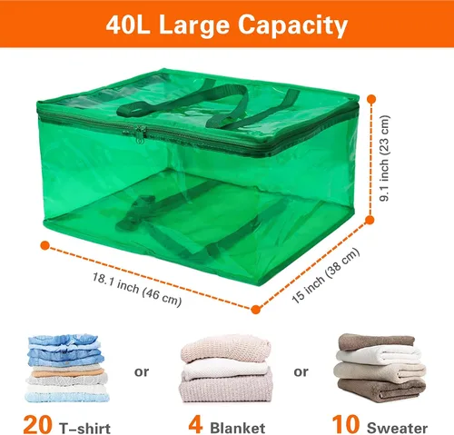 Vista 2 de Vieshful Bolsa de almacenamiento de ropa transparente verde de 40 litros, organizador de ropa colorido con cremallera, bolsa de almacenamiento