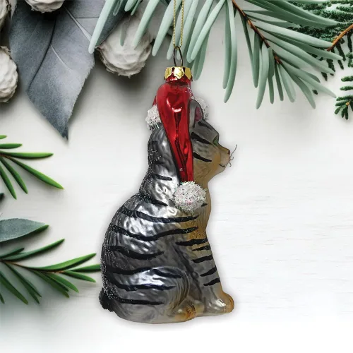 Vista 3 de Adorable adorno de gato atigrado con sombrero de Papá Noel, decoraciones navideñas perfectas para los amantes de los gatos, cristal hecho a mano