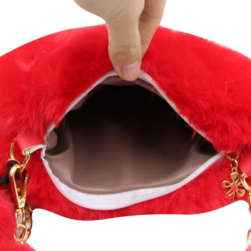 Vista 6 de Bolso de mano de piel sintética con forma de corazón para mujeres y niñas, bolso de hombro de felpa con correa de cadena de metal, Rojo -, Portátil