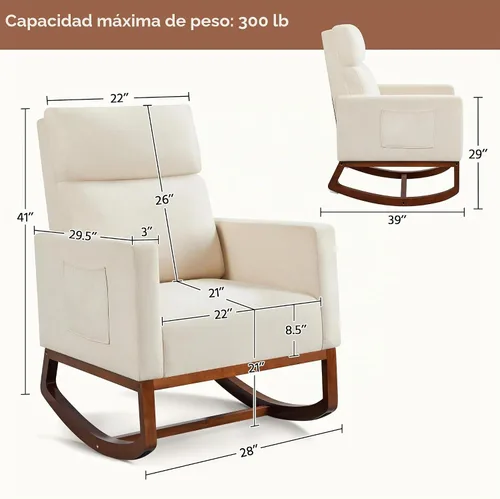 Vista 2 de Yaheetech Mecedora, moderna silla deslizante, sillón reclinable con patas de madera y bolsillo lateral, silla mecedora para guardería con respaldo