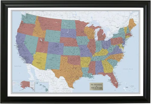 Vista 60 de Push Pin Travel Maps Lienzo personalizado Blue Oceans USA con marco gris de madera de granero