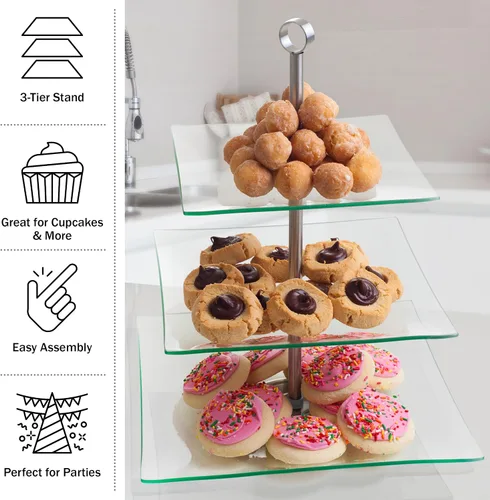 Vista 6 de Chef Buddy soporte cuadrado de vidrio para buffet y postre de 3 niveles.