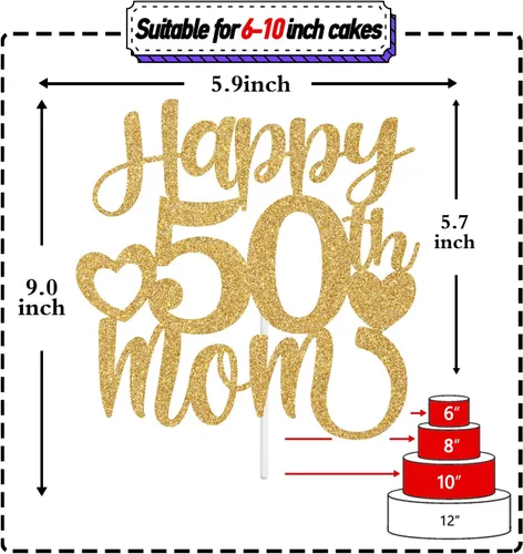 Vista 2 de Decoración para tartas con texto en inglés "Happy 50th Mom", feliz 50 cumpleaños para madre, saludos a 50 años, cumpleaños, aniversario, suministros