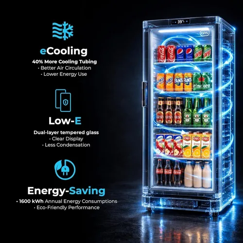 Vista 3 de GRS Refrigerador comercial con cerradura de puerta de vidrio Flujo de aire fresco y temperatura Refrigerador de bebidas, enfriador de bebidas