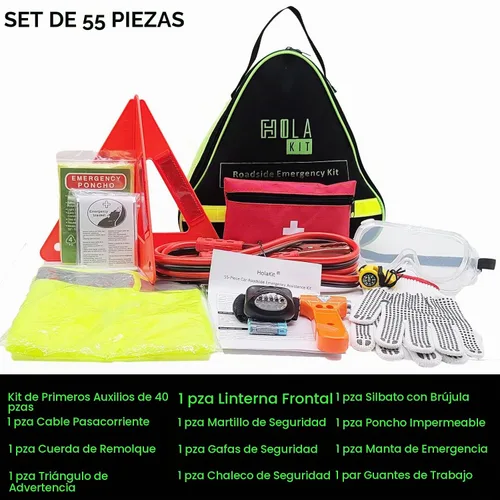 Vista 8 de HolaKit Kit de emergencia para automóvil, kit de carretera de 55 piezas con cables de puente, kit de primeros auxilios, martillo de seguridad