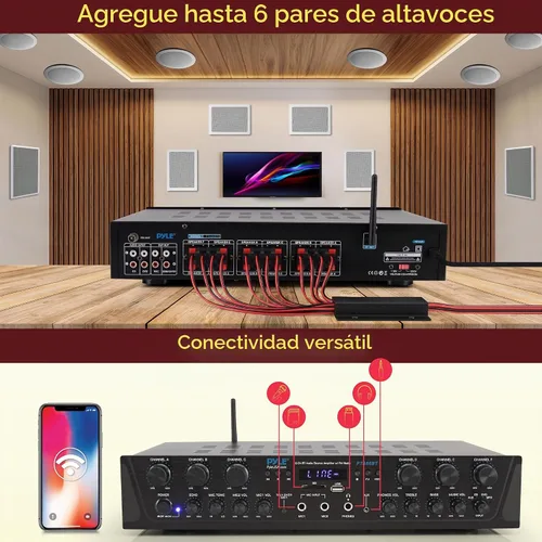 Vista 5 de Pyle Sistema amplificador de audio inalámbrico para el hogar, receptor estéreo de 6 canales compatible con Bluetooth, 600 W de potencia máxima