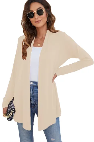 Vista 4 de Ladlop Cárdigan ligero con frente abierto para mujer, manga larga, casual, suave, drapeado, cárdigan de otoño