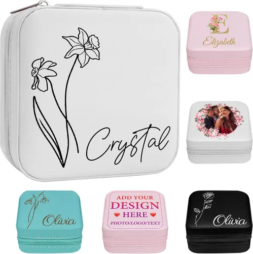 Vista 24 de Joyero personalizado para regalos de dama de honor, flor de nacimiento, inicial, joyería de viaje personalizada para mujeres, organizador de joyas