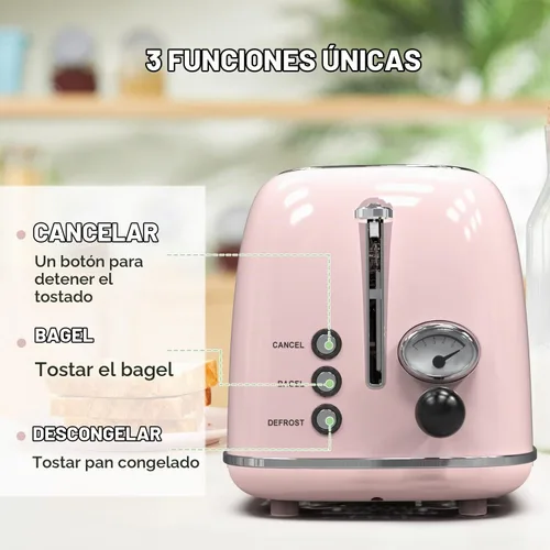 Vista 4 de Tostadora de 2 rebanadas, tostadora retro de acero inoxidable con 6 ajustes, ranuras extra anchas de 1.5 pulgadas, función de Rosa bebé