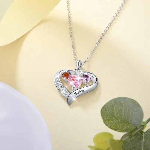 Vista 5 de Lam Hub Fong Collar personalizado para madres con 3 piedras natales personalizadas, collar con nombre en forma de corazón para mamá, hija o abuela