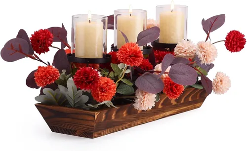 Vista 7 de Centro de mesa navideño de 3 pilares con portavelas de Navidad, bayas rojas artificiales, conos de pino y base de acero, arreglo de bayas