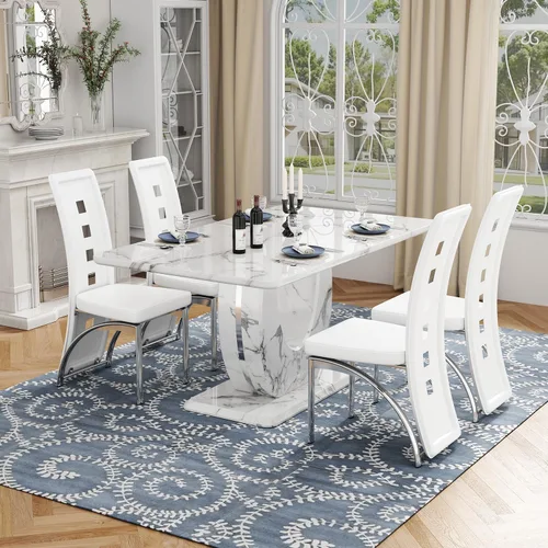 Vista 19 de Moderno juego de mesa de comedor de mármol sintético para 4, mesa de cocina rectangular blanca de 63 pulgadas con elegante base de pedestal