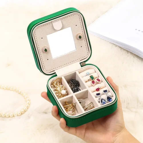 Vista 2 de Estuche de viaje para joyas con espejo, pequeño organizador de joyas de viaje, caja de joyería portátil, mini organizador de viaje, caja