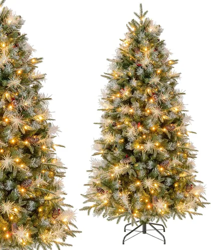 Vista 8 de DORTALA Árbol de Navidad artificial verde preiluminado de 7 pies, con bisagras, con 250 luces LED blancas cálidas, 8 modos de iluminación, 830