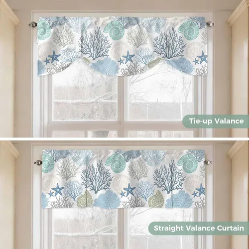 Vista 4 de Cenefa de amarre para ventanas, cortinas náuticas costeras de coral, cenefas con bolsillo para barra, cortinas de ventana con temática de playa