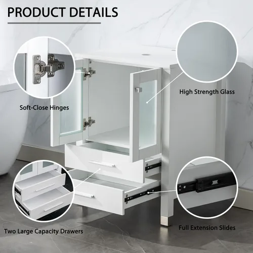 Vista 4 de LUCKWIND 36" Bathroom Vanity Combo with Sink, 24"+12.6" Width, Painted Bathroom Storage Cabinet with 5 Drawers, Including Tempered Glass Round