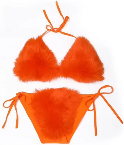 Vista 10 de ZOSCGJMY Conjunto de bikini de dos piezas de piel sintética para mujer Beige