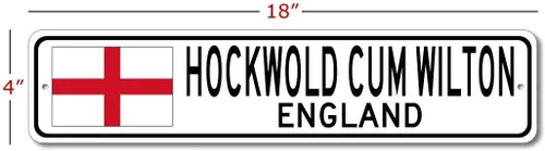Vista 2 de Hockwold Cum Wilton, Inglaterra - Letrero de calle con bandera de Inglaterra, letrero de metal novedoso, letrero personalizado, letrero de calle