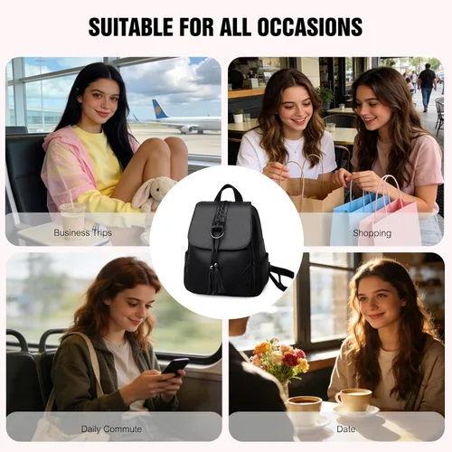 Vista 7 de FANDARE Mochila vintage para mujer con borla, mochila de cuero PU para mujer, Negro, Grande