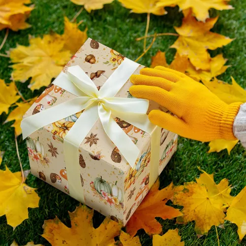 Vista 7 de SaringSwoon Papel de Regalo de Otoño para Niños y Adultos - Papel de Regalo de Bosque con Diseño de Erizo, Calabaza y Hongos para Otoño, Cumpleaños