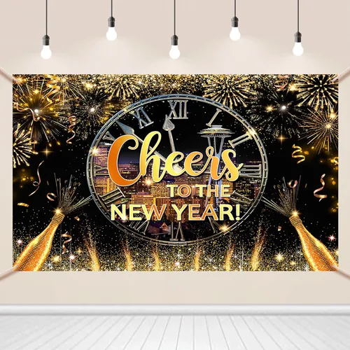 Vista 25 de AIBIIN Telón de fondo de 7 x 5 pies con texto en inglés «Happy New Year» 2026, noche de la ciudad, víspera de Año Nuevo, grandiosos fuegos Fuegos