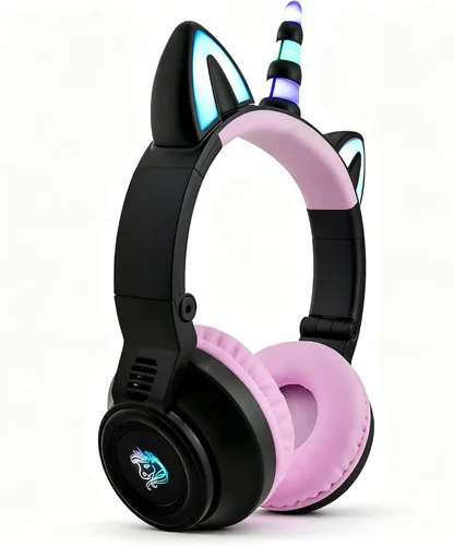 Vista 9 de Auriculares de unicornio para niñas, auriculares Bluetooth de unicornio para niños pequeños, portátil, teléfonos celulares, uso en avión Negro