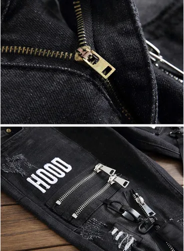 Vista 5 de Cremalleras para hombre con letras bordadas negro elástico Denim Jeans Agujeros de moda rasgados desgastados Pantalones delgados Pantalones