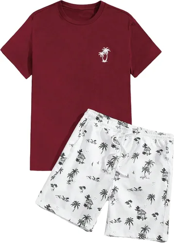 Vista 41 de GORGLITTER Conjunto de 2 piezas de camiseta gráfica de manga corta para hombre, estampado hawaiano con cordón y pantalones cortos