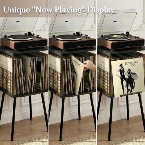 Vista 7 de Record Player Stand with Storage Holds 100+ Vinyl Records, Industrial Turntable Stand with Storage Shelf, LP Album Organizer Cabinet for Small Negro