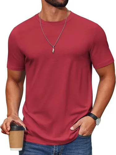 Vista 9 de COOFANDY Camiseta de manga corta para hombre, de mezcla de algodón, cuello redondo, informal, para verano, básica Verde militar