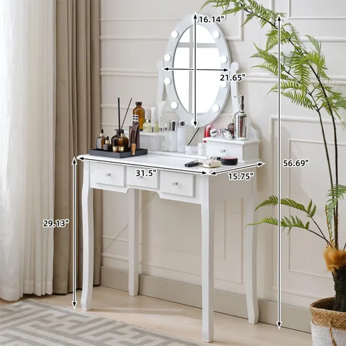 Vista 6 de okcomuy Mesa de tocador de maquillaje con espejo iluminado, tocador compacto con 5 cajones grandes para mujeres y niñas (blanco)