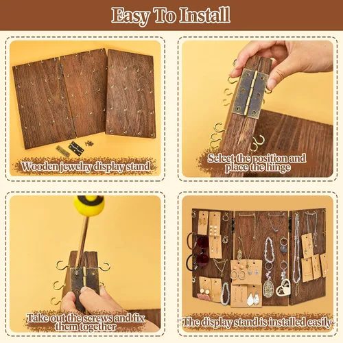 Vista 7 de 101 piezas de soporte plegable de madera para joyas, 48 ganchos, exhibición de aretes para vender tarjetas de exhibición de aretes, 3 paneles
