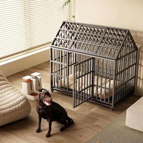 Vista 4 de Jaula extragrande para perros, jaula de hierro galvanizado resistente de 55 pulgadas, muebles con puerta delantera, puerta superior y 4 ruedas