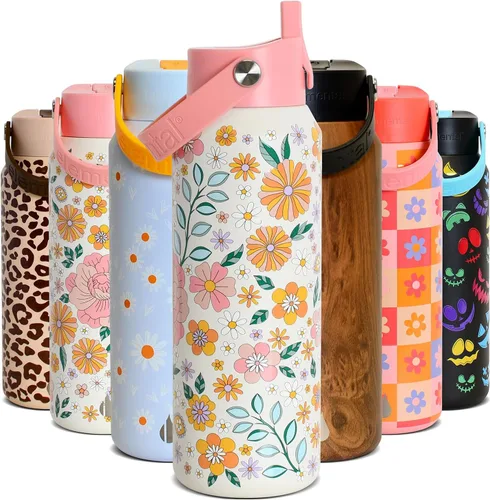 Vista 19 de Elemental Botella de agua aislada de 24 onzas con popote, botellas de agua con núcleo de acero inoxidable 100% a prueba de fugas para viajes, Beige