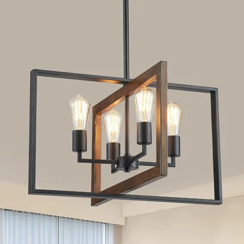 Vista 10 de XINGQI Candelabro cuadrado de 4 luces, lámpara de granja, moderna iluminación colgante para cocina, isla, comedor, sala de estar, acabado de grano