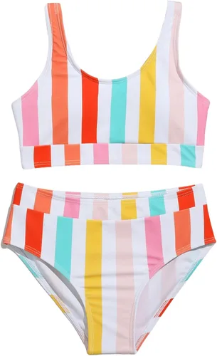 Vista 5 de SheIn Conjunto de tankini de cintura alta a rayas para niña con cuello redondo, traje de baño de dos piezas