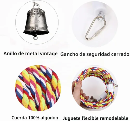 Vista 3 de Perchas de cuerda para pájaros de 63 pulgadas, juguetes de columpio 100% algodón natural para pájaros/masticar con campanas vintage para escalada