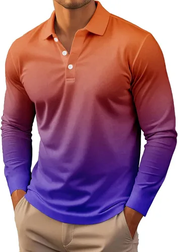 Vista 19 de Polo degradado para hombre, manga larga, con botones, cuello ligero, para golf y tenis