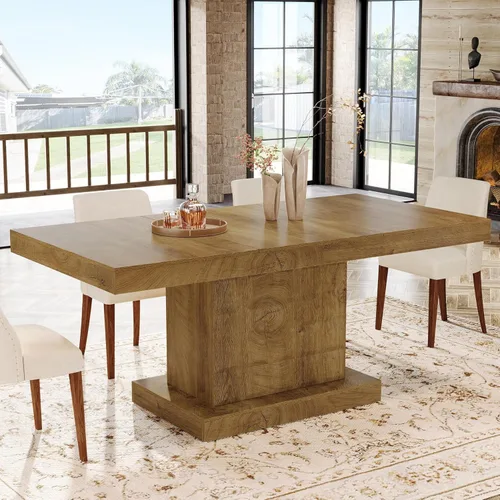 Vista 10 de Tribesigns Mesa de comedor de 63 pulgadas para 4-6, mesa rectangular de madera de granja con relieve geométrico, base de pedestal (café y negro)