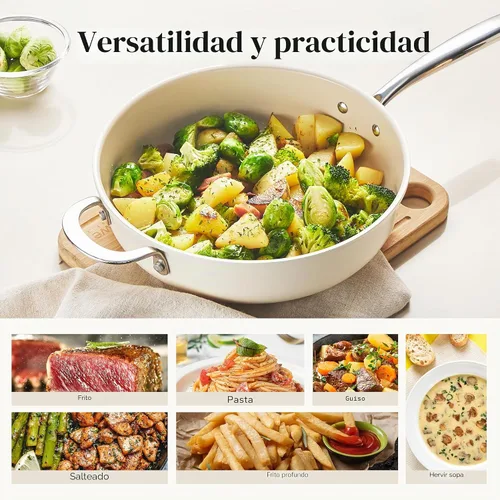 Vista 7 de Redchef Sartén Salteadora de Cerámica con Tapa, Sartén Profunda Antiadherente para Freír, Cocinera Jumbo de 5QT con Mango Auxiliar y Tapa, Sartén