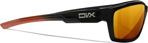 Vista 5 de DVX Charge - Lentes de sol – ANSI Z87.1 – Lentes de espejo naranja con montura negra brillante con puntas naranjas, gafas de seguridad que cumplen