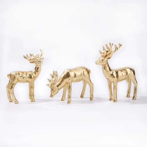 Vista 6 de Juego de 3 estatuillas de reno de resina para decoración navideña, estatuillas de reno doradas para mesa, pequeñas estatuillas decorativas de ciervo