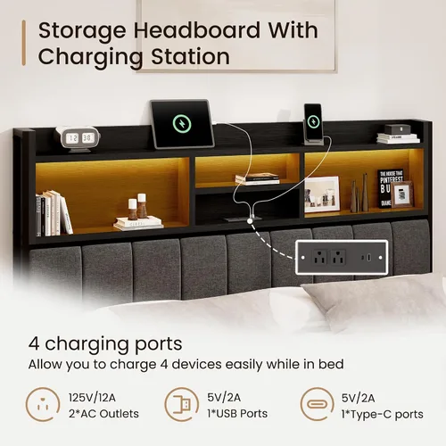 Vista 5 de BRELTAM Base de cama Queen con 6 cajones de almacenamiento, cabecera tapizada de lino, estación de carga USB integrada e iluminación LED, soporte