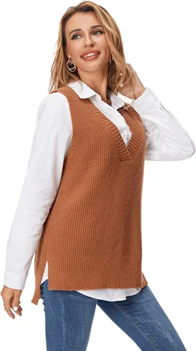 Vista 2 de Fuinloth Chaleco tipo suéter de gran tamaño para mujer, cuello en V, túnica de punto, sin mangas