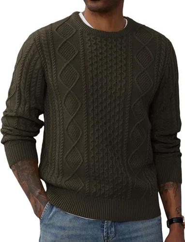 Vista 2 de PJ PAUL JONES Men's Military Pullover Sweater Crewneck Vintage Cable Knit Sweater with Suede Patchwork