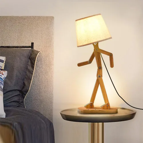 Vista 5 de Bonita lámpara de escritorio, creativa, con brazo oscilante, de madera, para hombre, pantalla redonda, luz de noche, divertida lámpara de niños