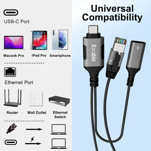 Vista 7 de Cable USB C a Ethernet de 4 pies, cable tipo C a RJ45 con USB-C hembra de 65 W PD carga rápida, Internet y carga dos en uno, red LAN Gigabit
